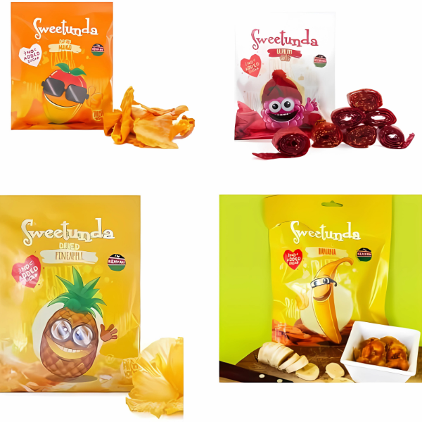 Sweetunda Fruit Snacks Variety Pack, Banana, Pineapple, Strawberry, Orange Flavours, 4 Bags