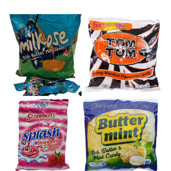Product of Nigeria: Nigerian Candy Variety Pack, Tom Tom, Milkose, Butter Mint, Splash Candy, Set of 4